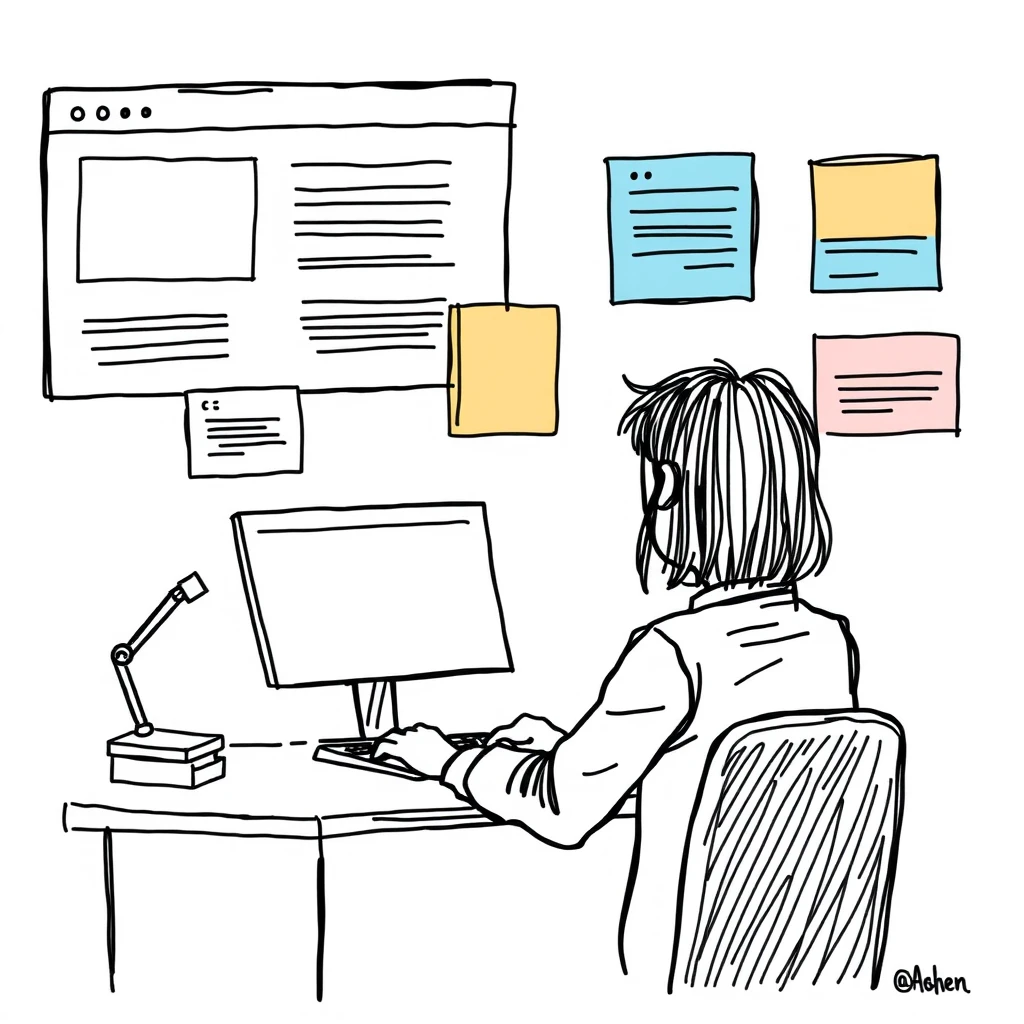 カラーブロックとパネルで構成された抽象的なWebレイアウトの手描き風イラスト