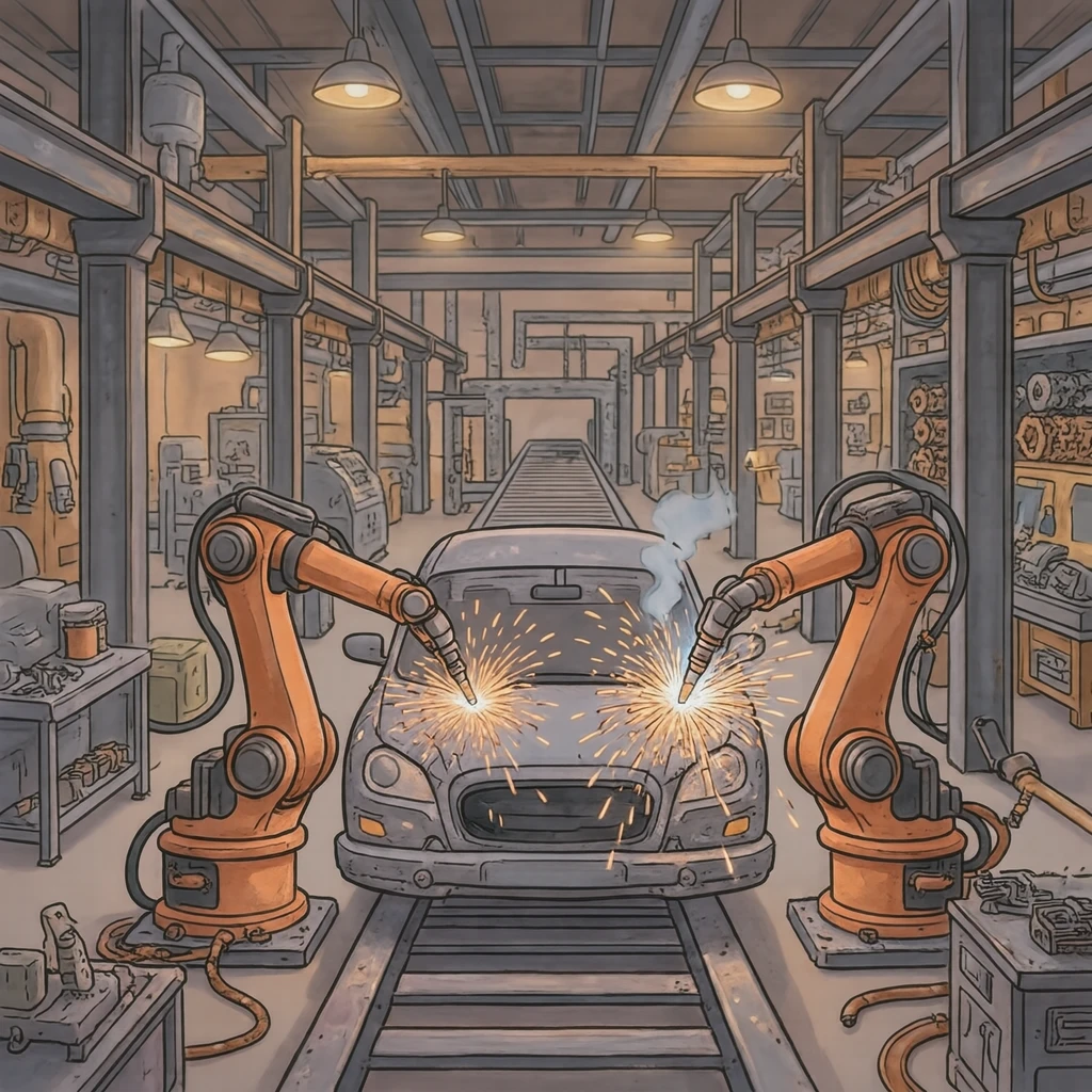Illustration of welding robots in a factory (soft pastel)