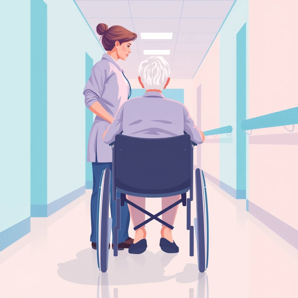 車椅子を押して介助する介護士のパステル調のイラスト