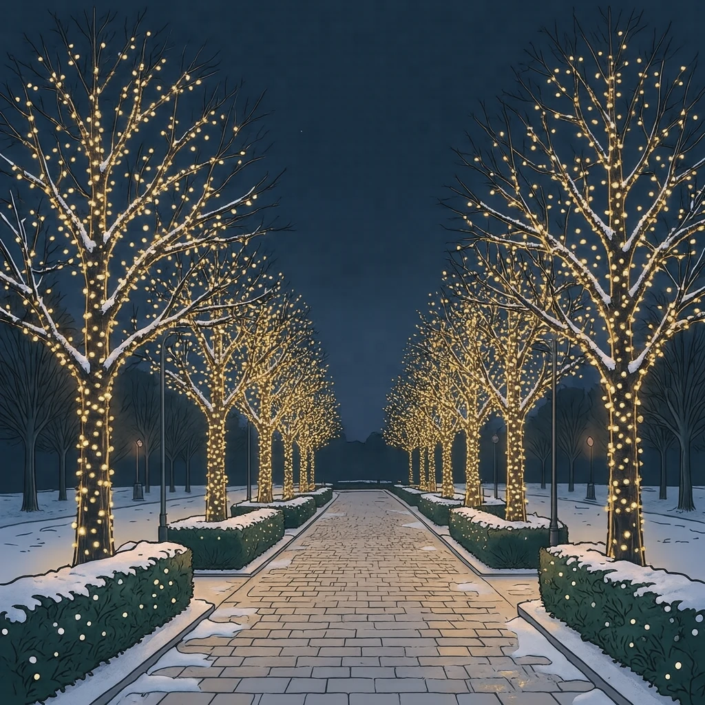 冬夜点亮林荫道的彩灯插画（简约线描）