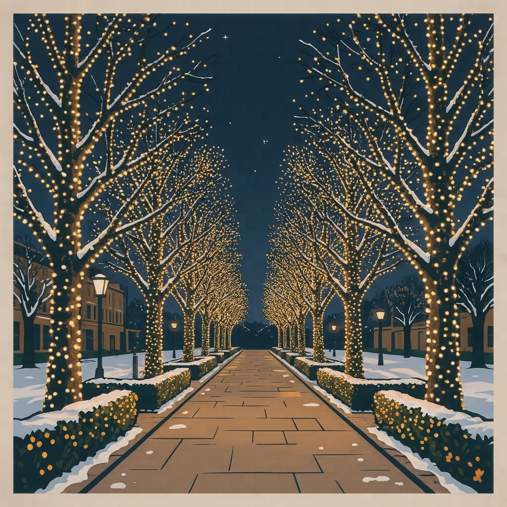 冬夜点亮林荫道的彩灯插画（海报风）