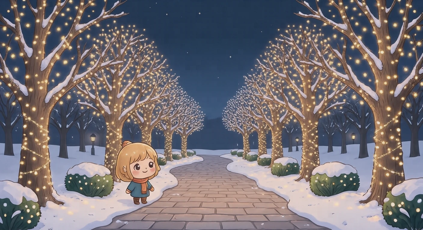 冬夜点亮林荫道的彩灯插画(Q版)