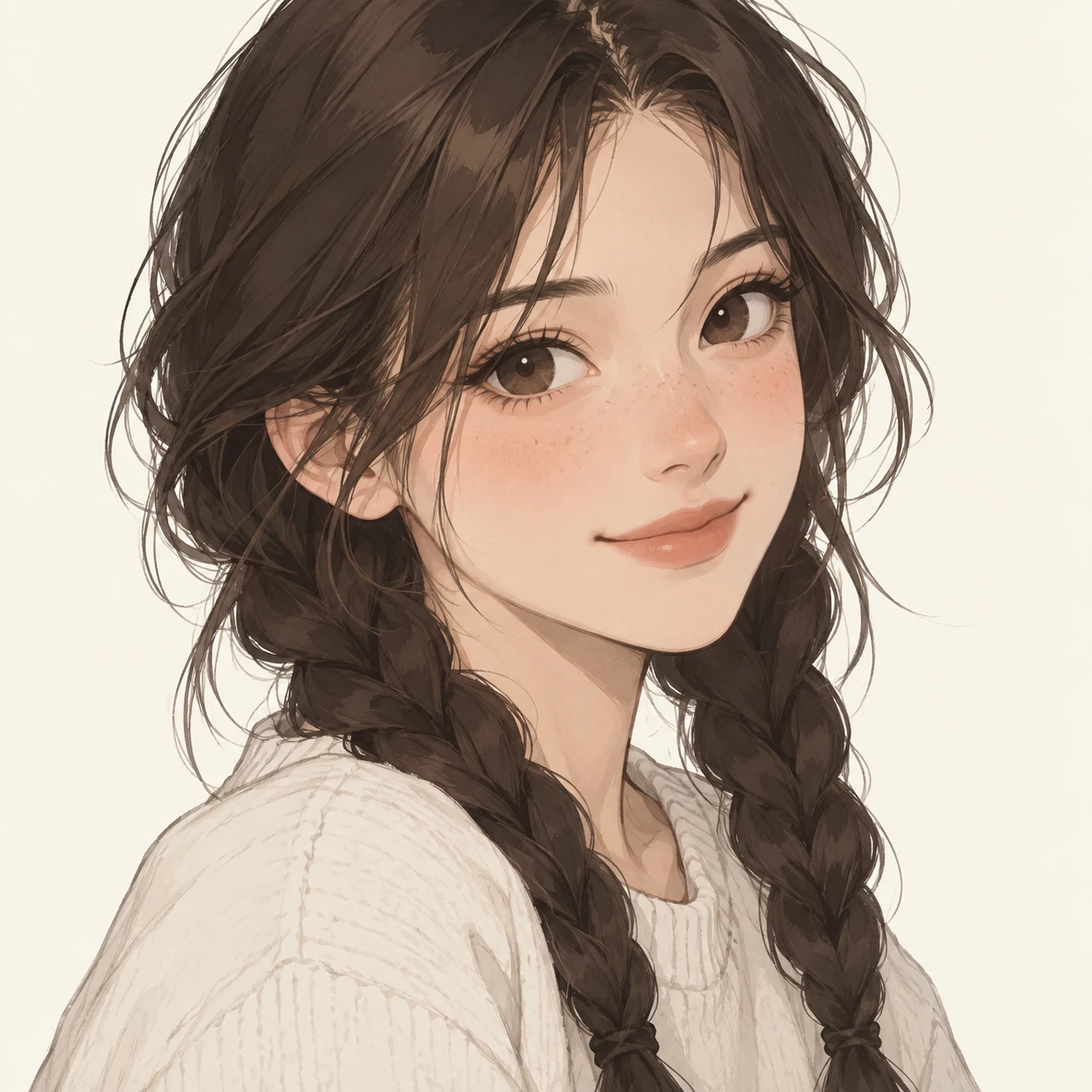 땋은 머리 여성의 애니메이션풍 프로필 아이콘 (편안한 카툰)