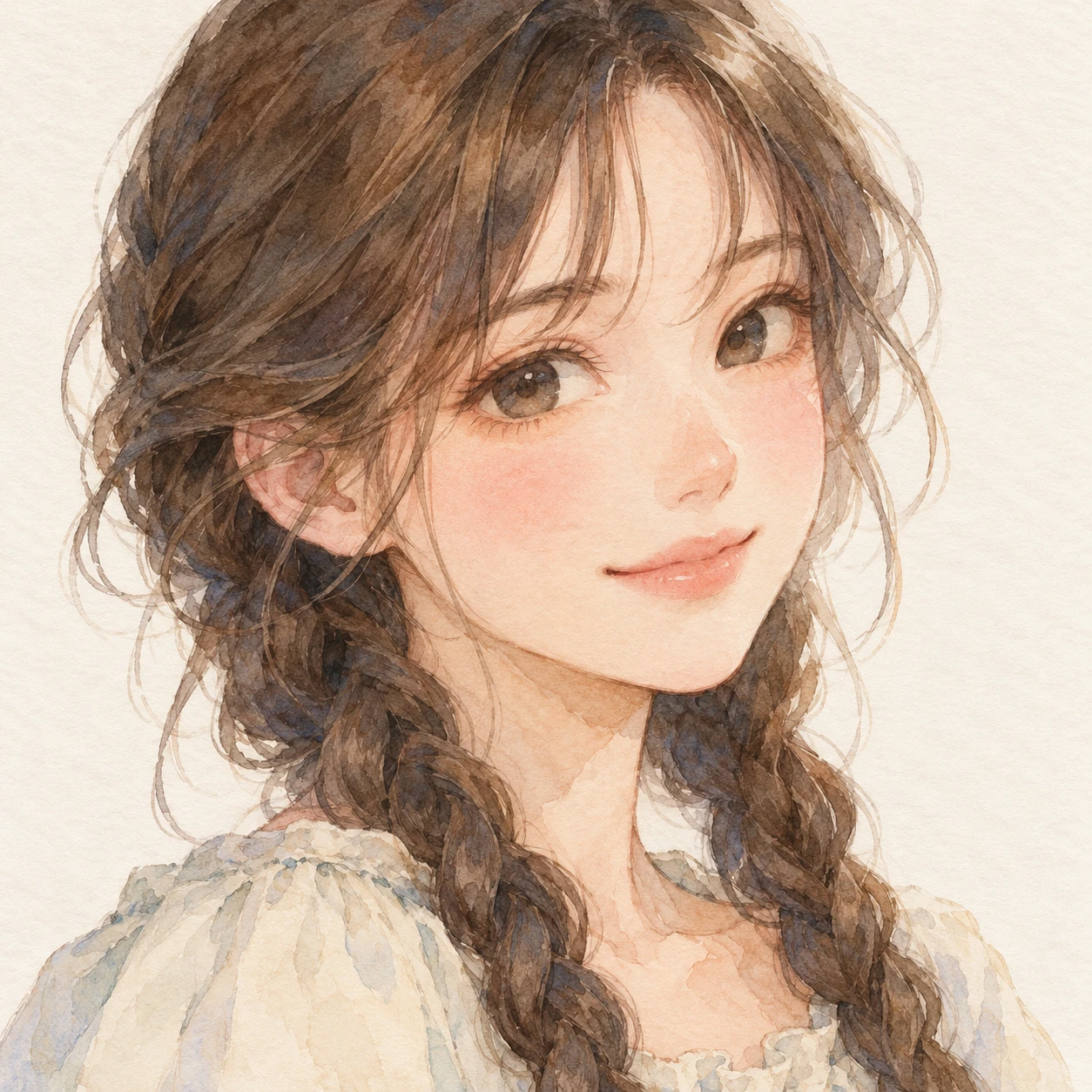Anime-style profile picture of a woman with braided hair (watercolor)