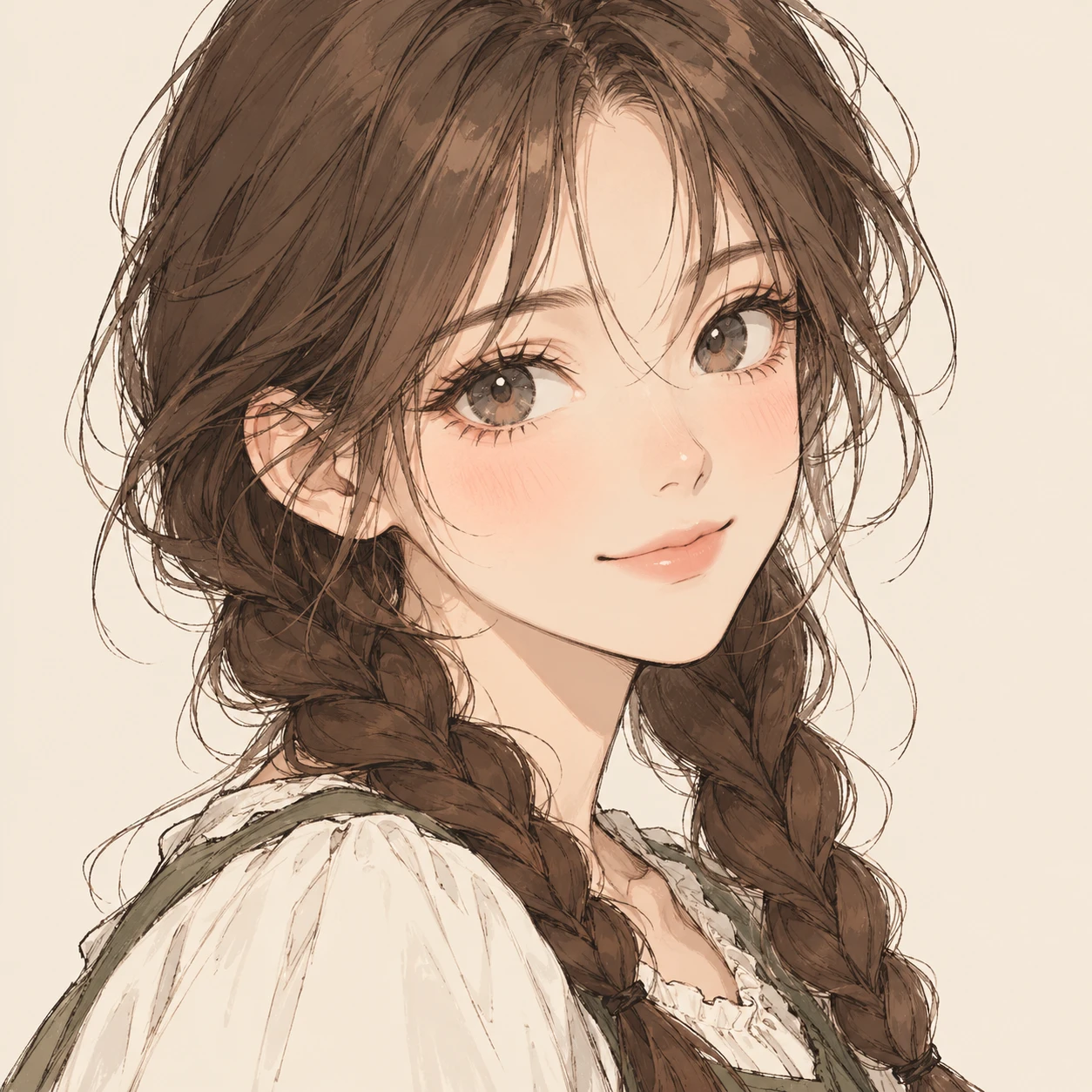 Anime-style profile picture of a woman with braided hair (hand-drawn)