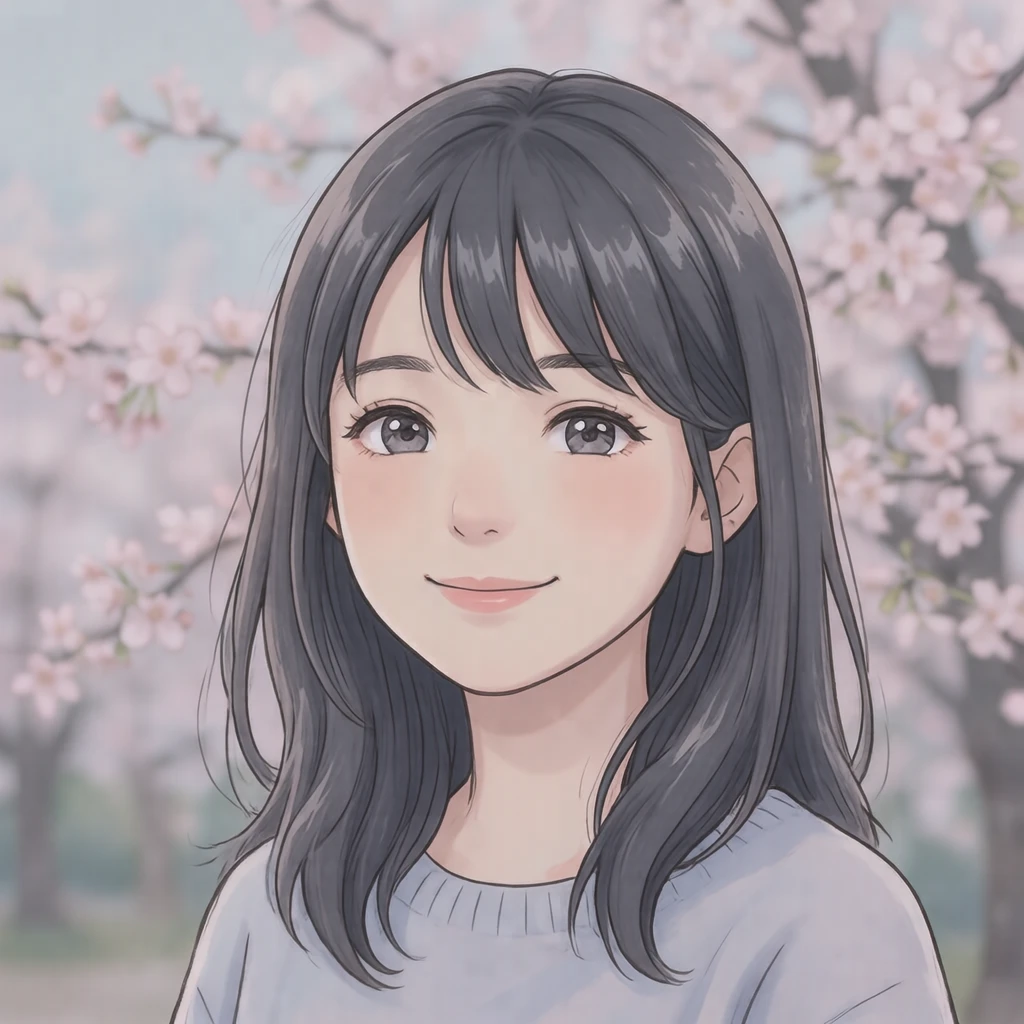 桜を背にした女性のアニメ調プロフィール用画像（ソフトパステル）