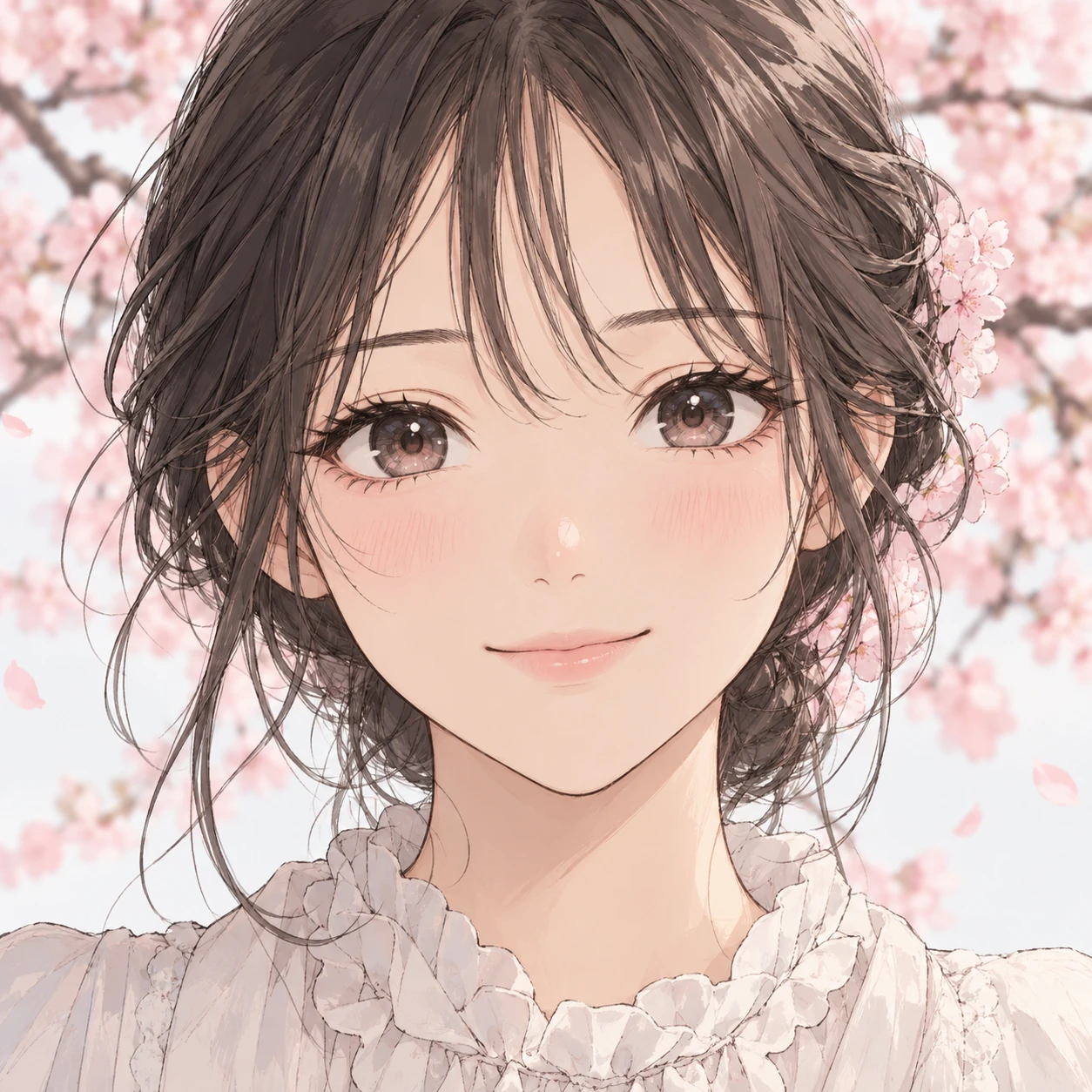 桜を背にした女性のアニメ調プロフィールアイコン（手描き風）