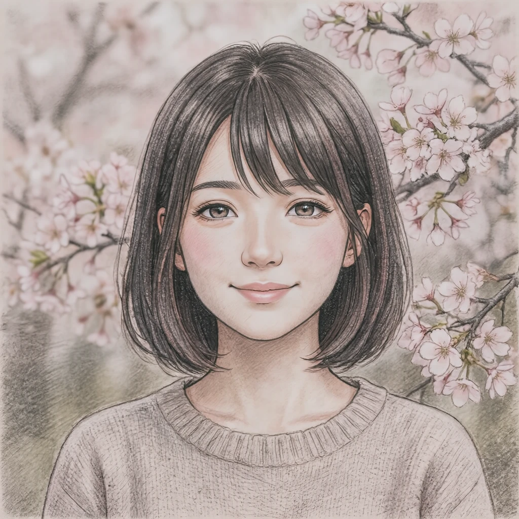Anime-style profile picture of a woman among cherry blossoms (colored pencil)