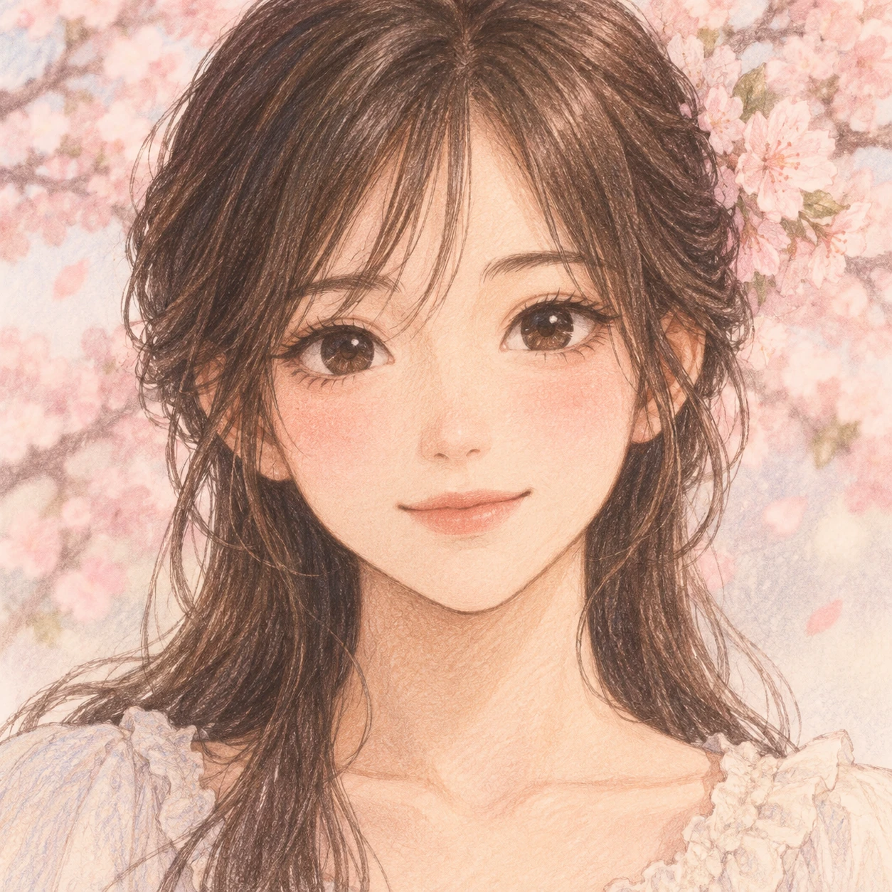 Anime-style profile picture of a woman among cherry blossoms (colored pencil)