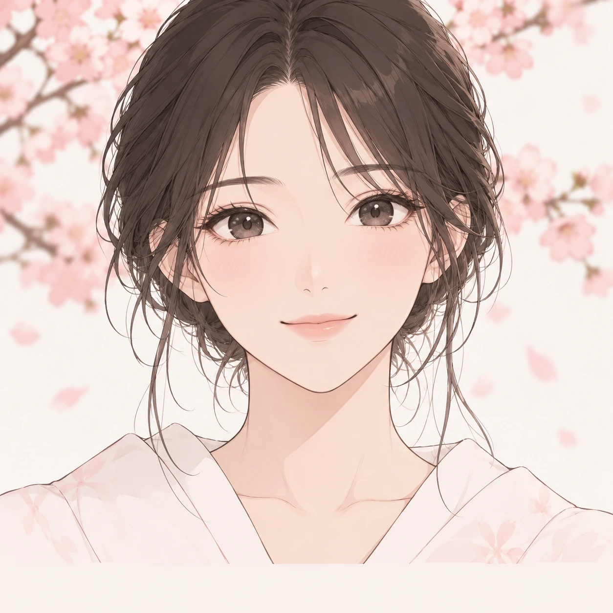 벚꽃을 배경으로 한 여성의 애니메이션풍 프로필 아이콘 (심플 라인아트)
