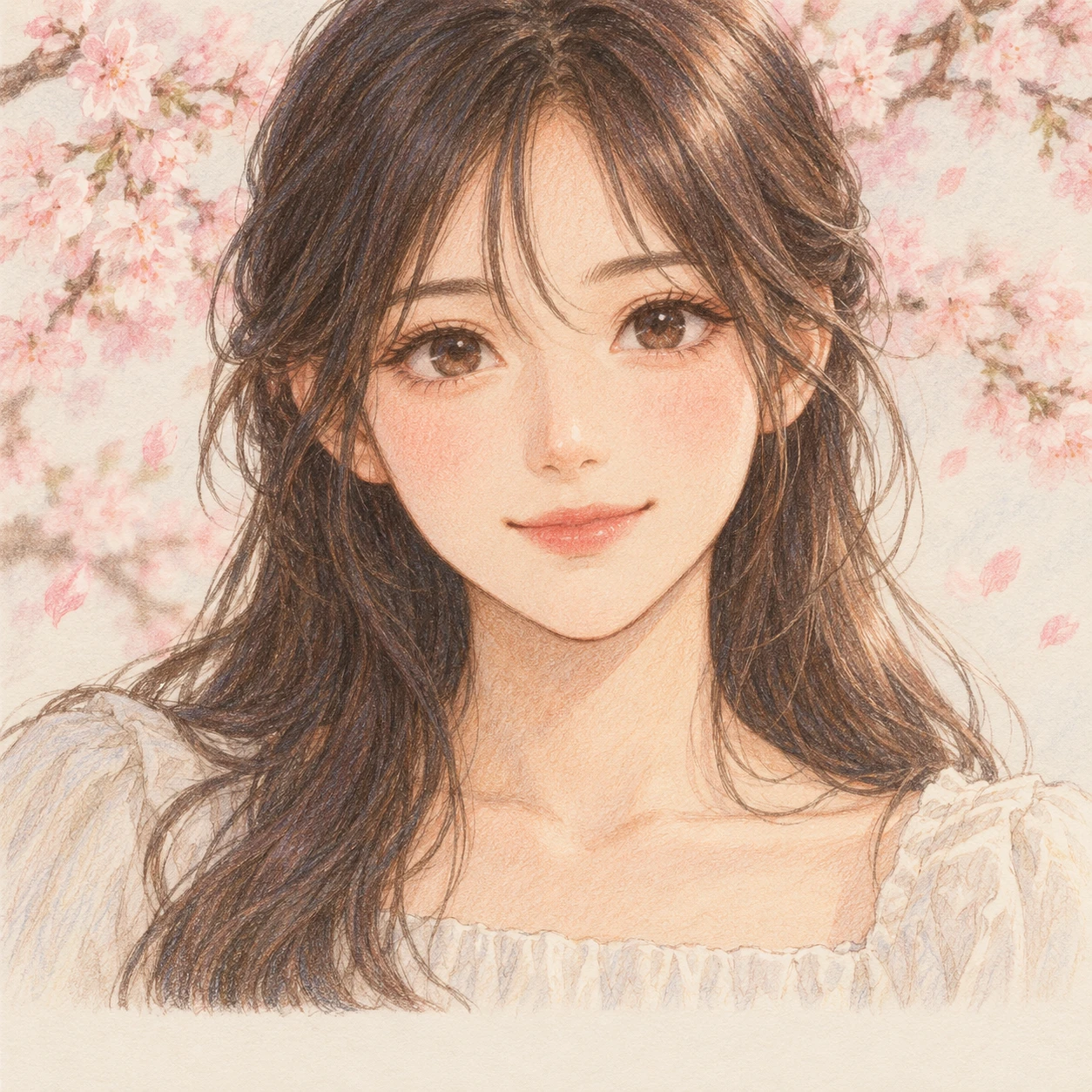 벚꽃을 배경으로 한 여성의 애니메이션풍 프로필 아이콘 (색연필)