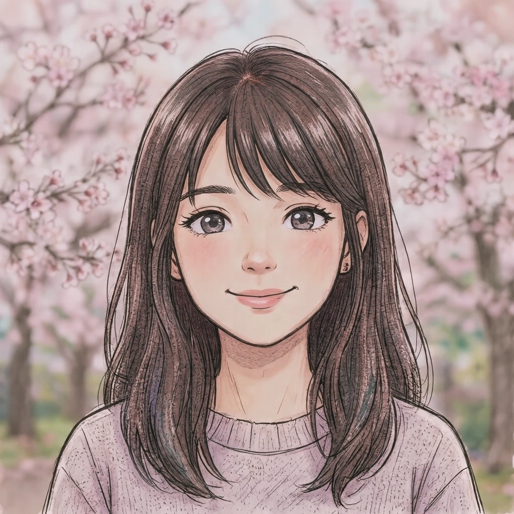 桜を背にした女性のアニメ調プロフィールアイコン（手描き風）