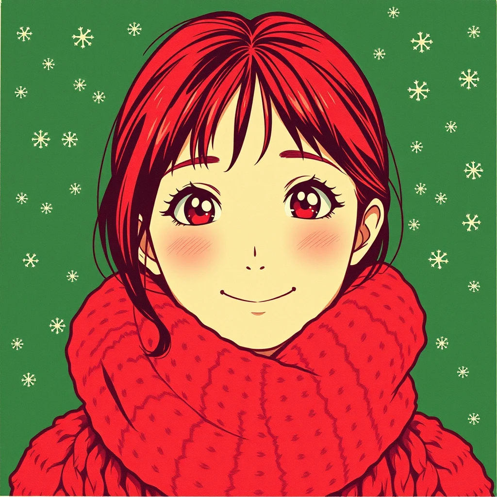 Anime-style profile picture of a woman dressed for Christmas (retro print)