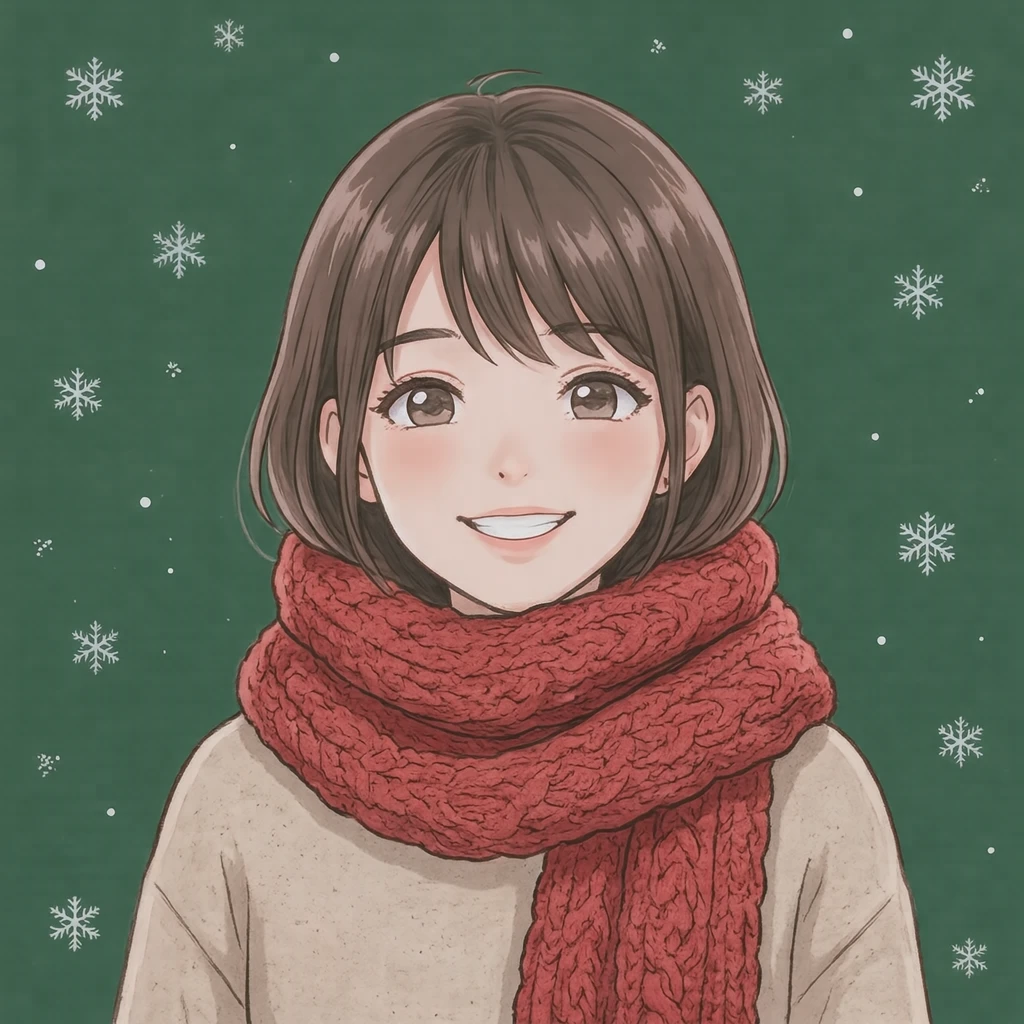 Anime-style profile picture of a woman dressed for Christmas (soft pastel)