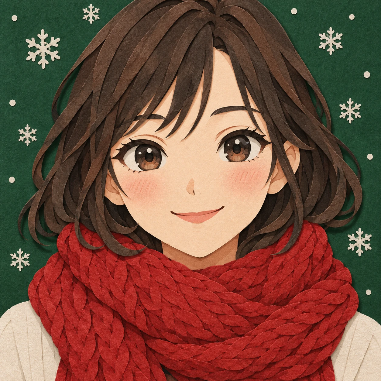 Anime-style profile picture of a woman dressed for Christmas (paper cut-out)