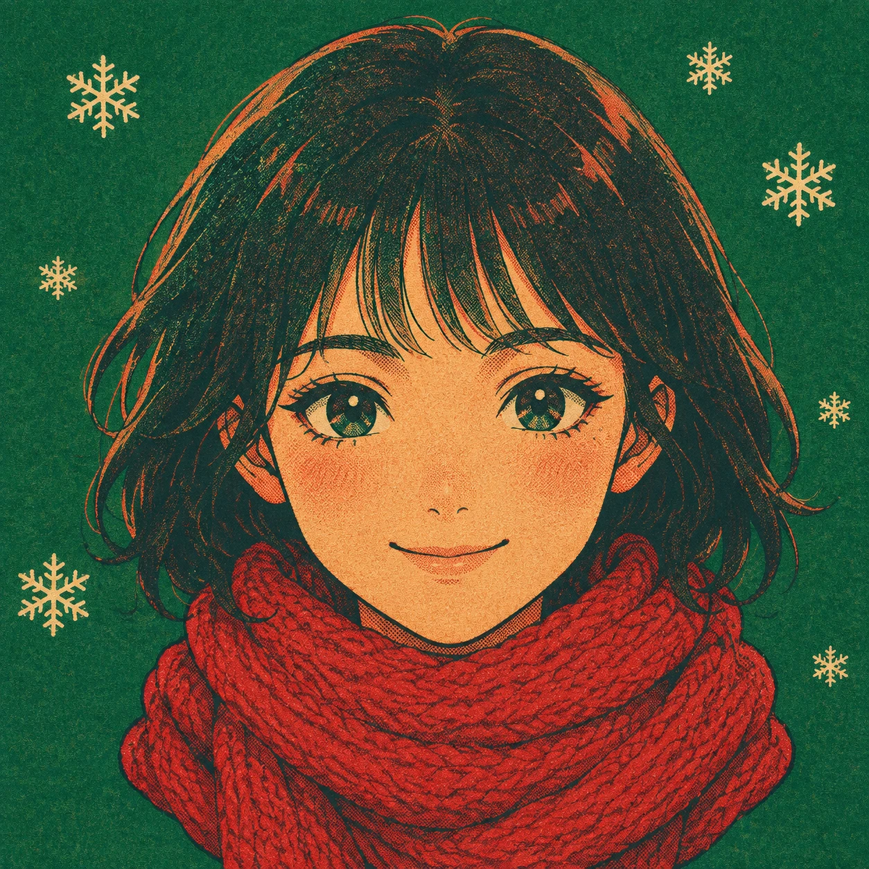 Anime-style profile picture of a woman dressed for Christmas (retro print)