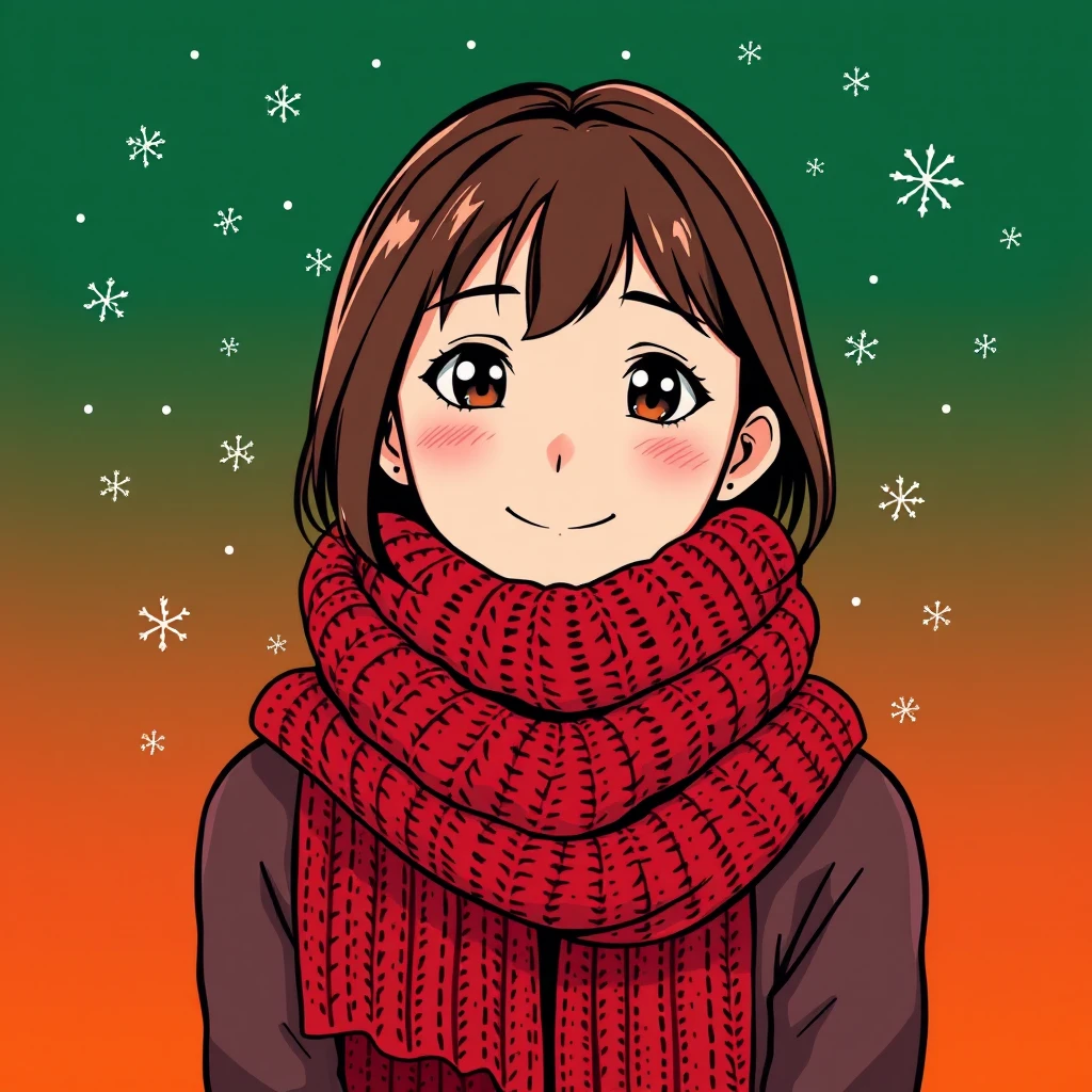 Anime-style profile picture of a woman dressed for Christmas (bold graphic)