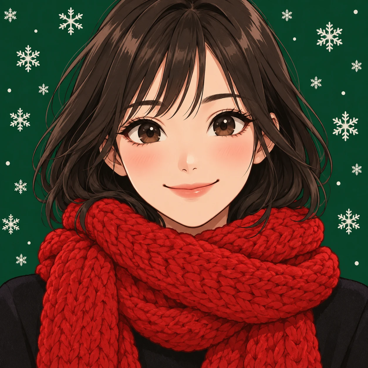 Anime-style profile picture of a woman dressed for Christmas (bold graphic)