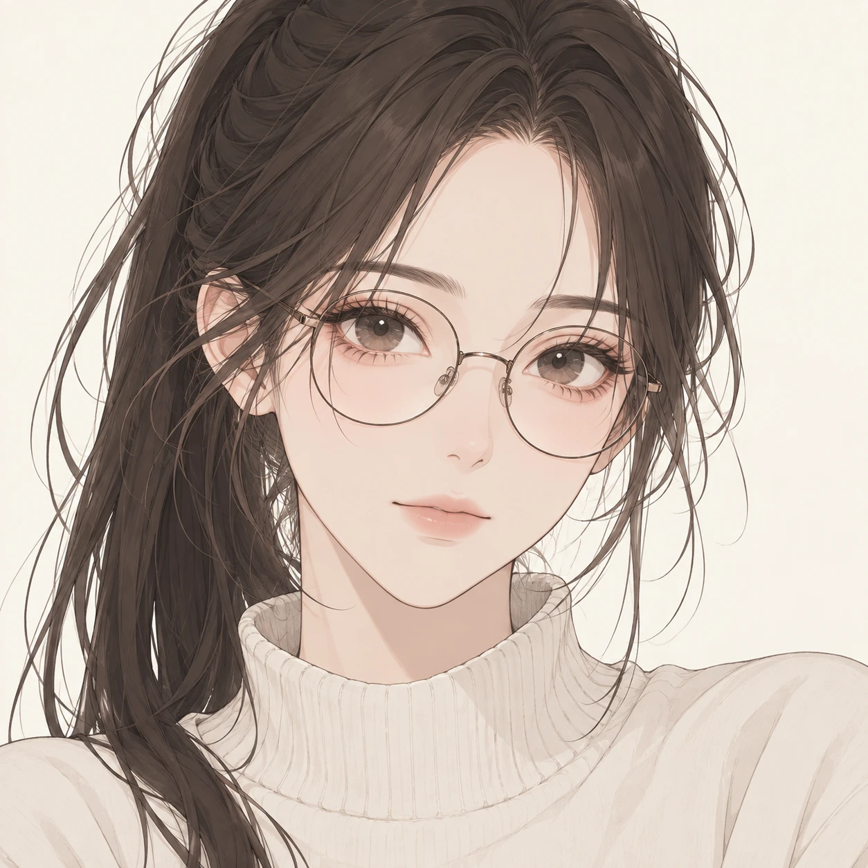 眼鏡をかけた女性のアニメ調プロフィール用画像（シンプル線画）