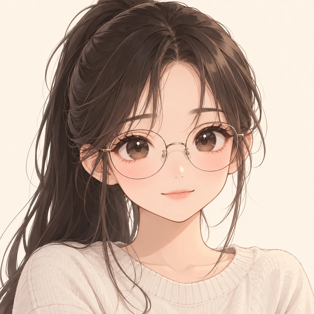 Anime-style profile picture of a woman wearing glasses (chibi)