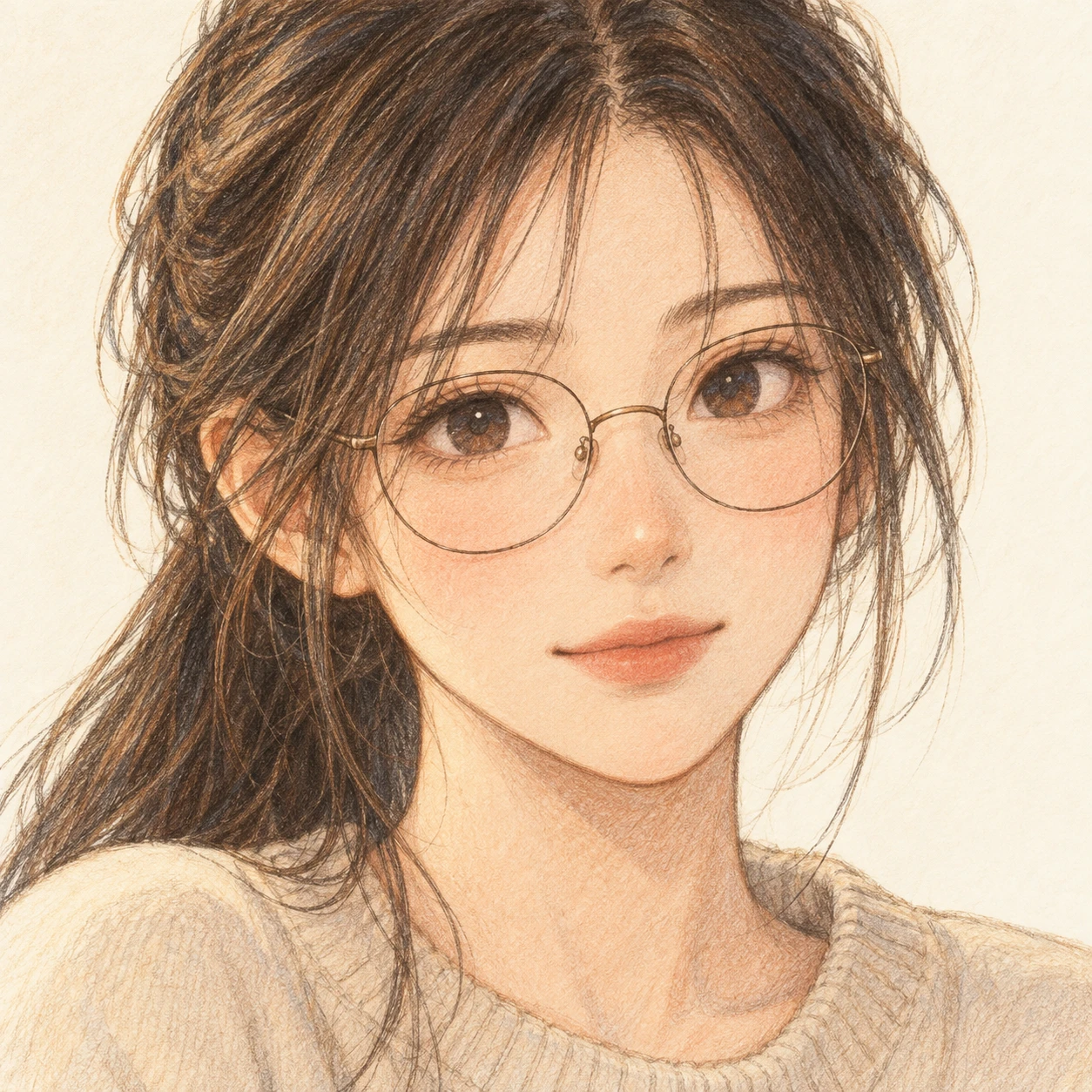 Anime-style profile picture of a woman wearing glasses (colored pencil)