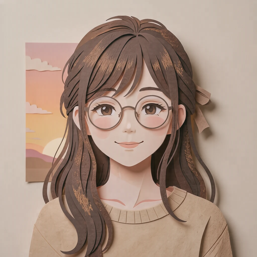 Anime-style profile picture of a woman wearing glasses (paper cut-out)