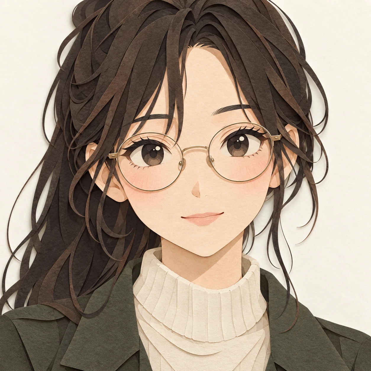 Anime-style profile picture of a woman wearing glasses (paper cut-out)