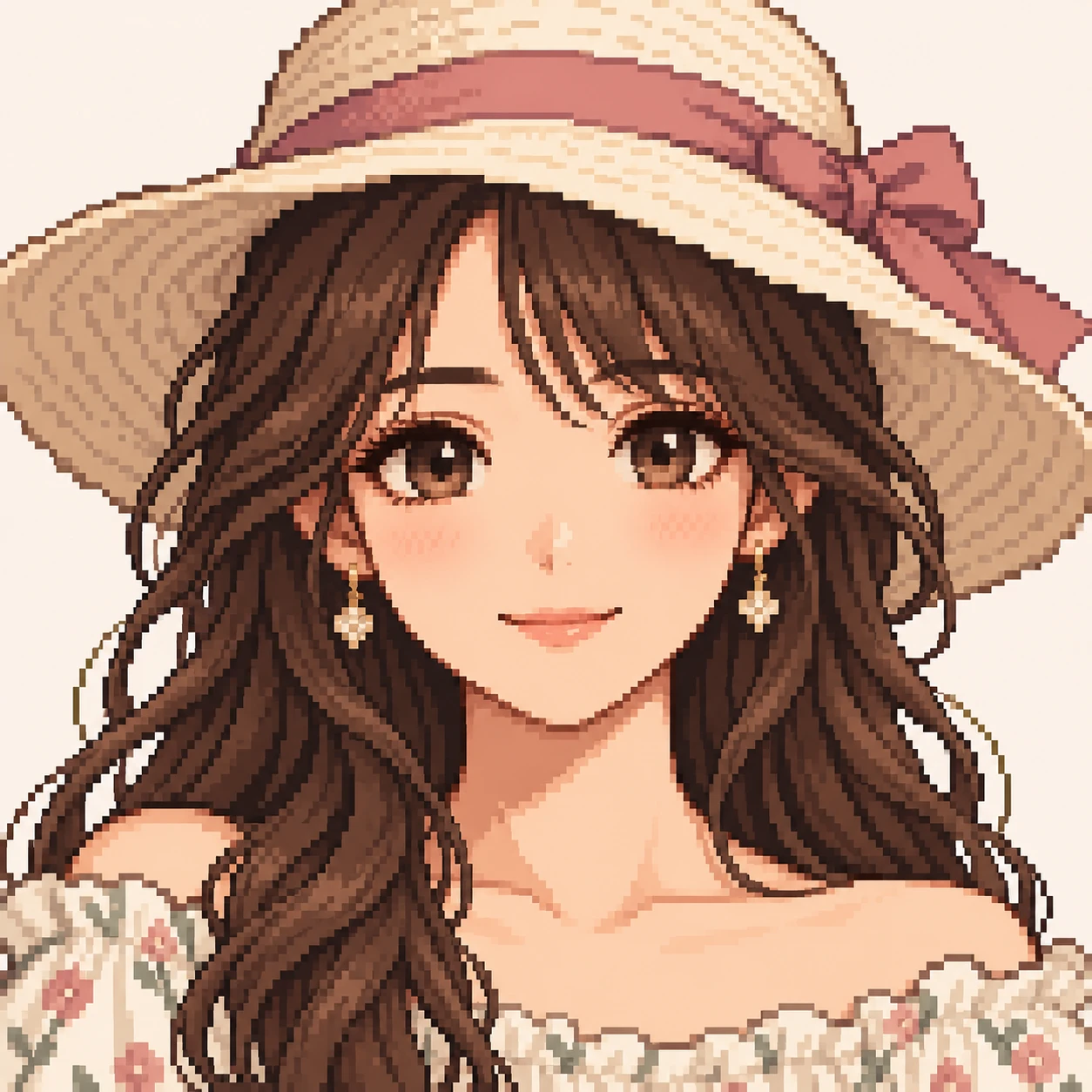 Anime-style profile picture of a woman wearing a hat (pixel art)
