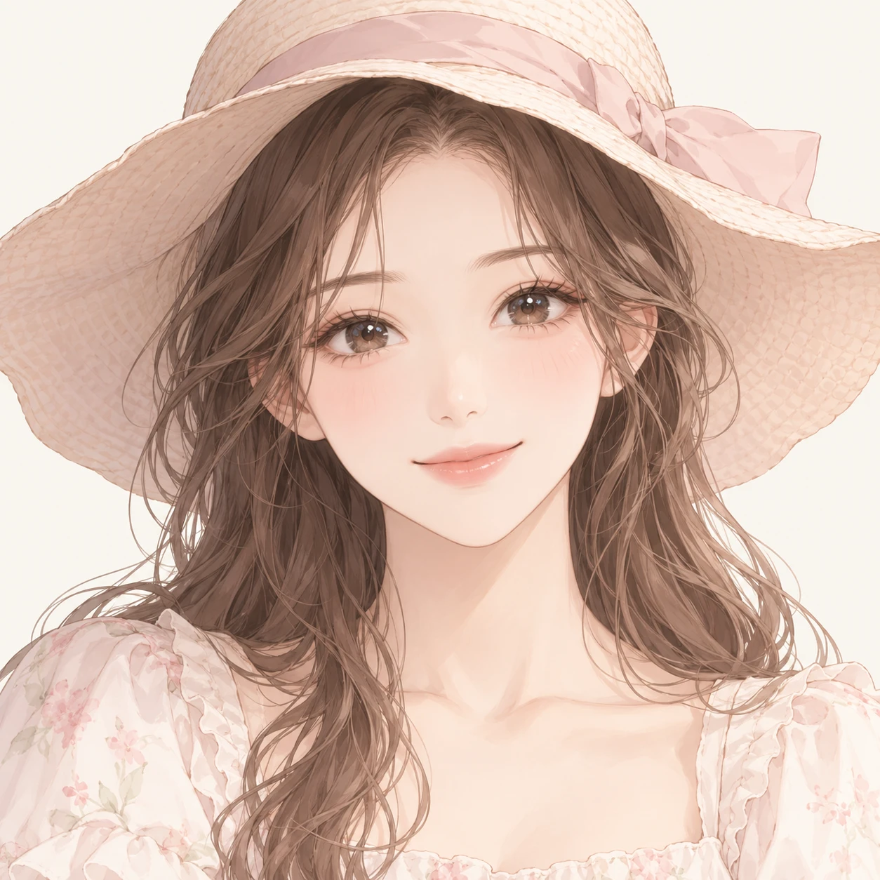Anime-style profile picture of a woman wearing a hat (soft pastel)