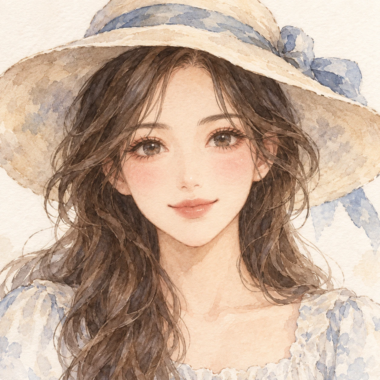 Anime-style profile picture of a woman wearing a hat (watercolor)