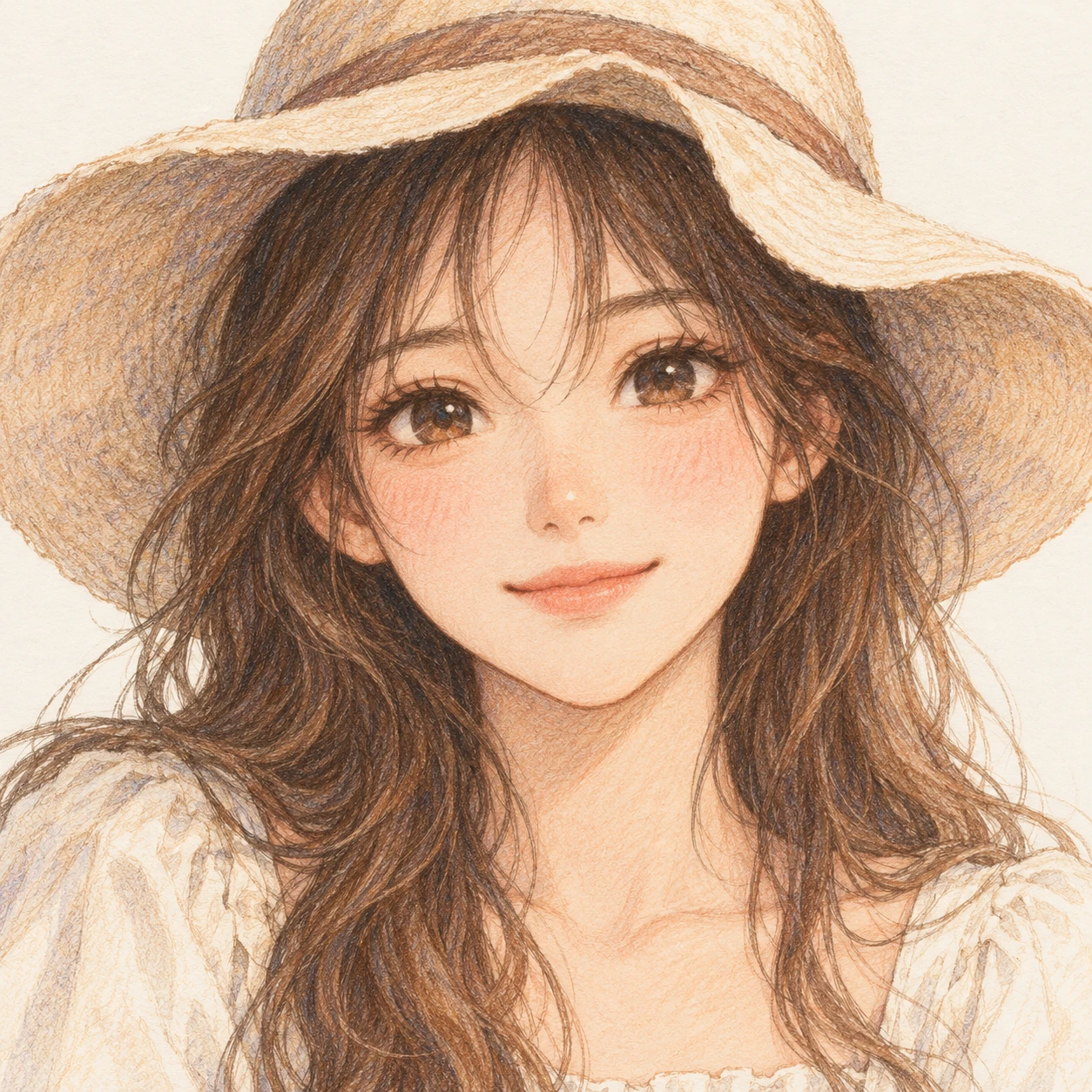 Anime-style profile picture of a woman wearing a hat (colored pencil)