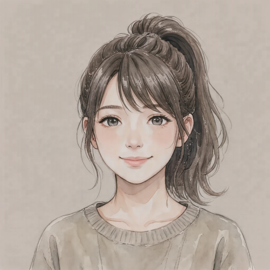 Anime-style profile picture of a woman with a ponytail (watercolor)