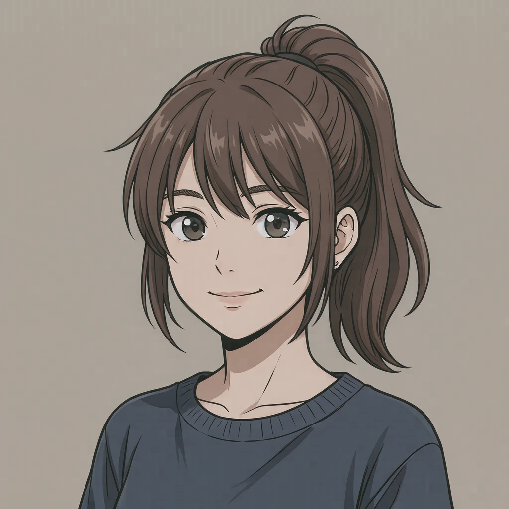 马尾发女性的动漫风格头像（动画平涂）