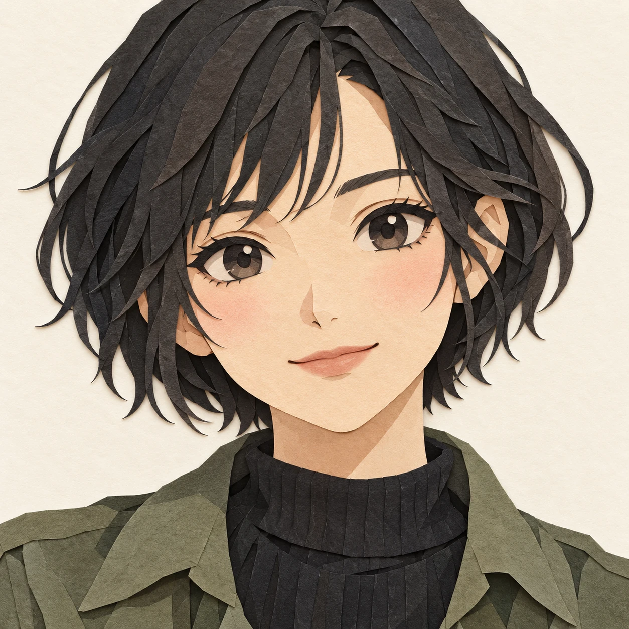 Anime-style profile picture of a woman with short hair (paper cut-out)