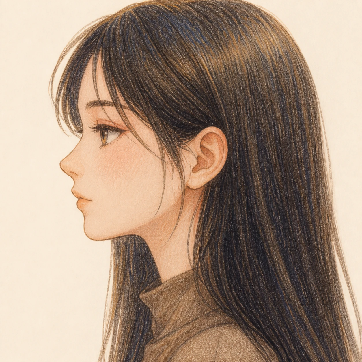 Anime-style profile picture of a woman seen from the side (colored pencil)