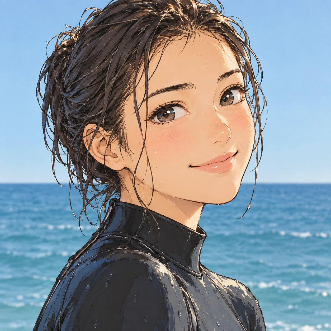 Anime-style profile picture of a woman dressed for surfing (hand-drawn)