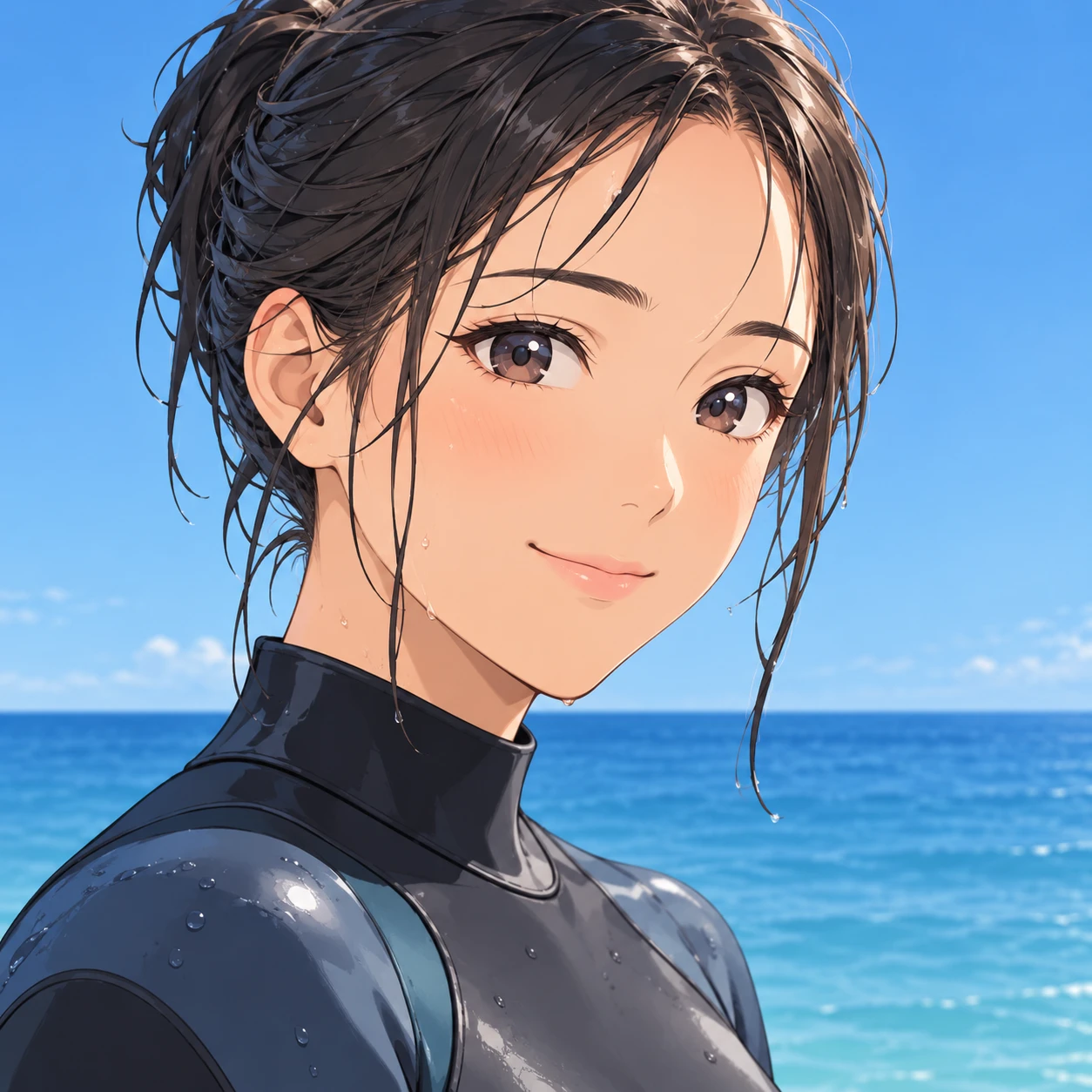 Anime-style profile picture of a woman dressed for surfing (anime cel-shaded)