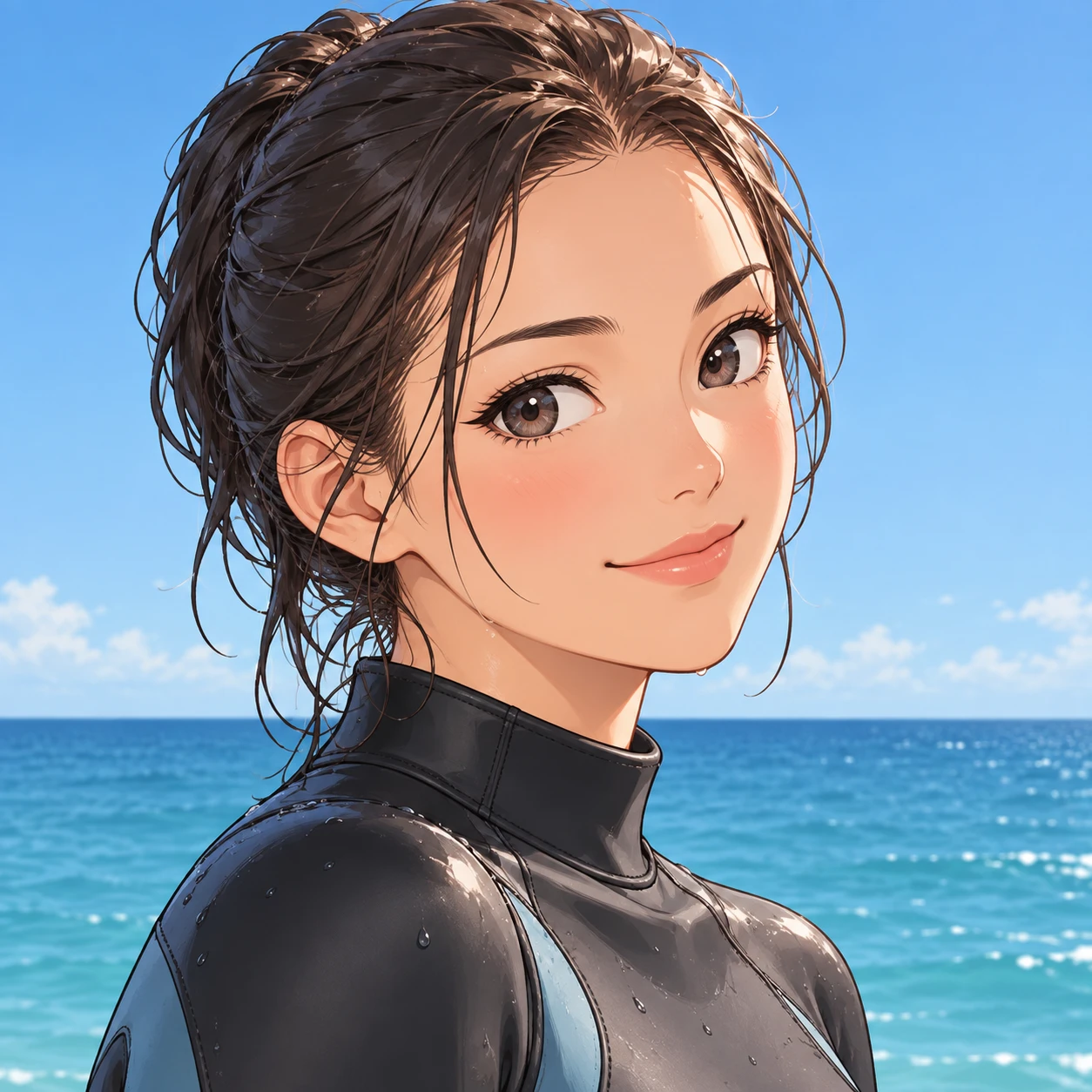 サーフィン姿の女性のアニメ調プロフィール用画像（アイソメトリック）