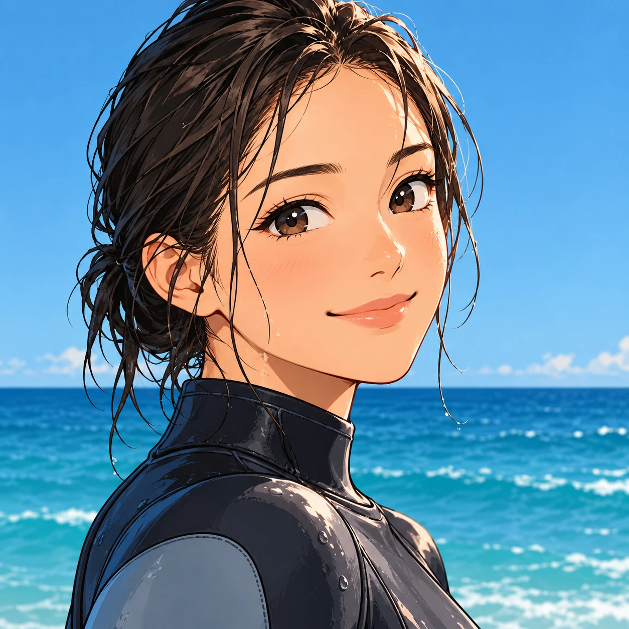 Anime-style profile picture of a woman dressed for surfing (bold graphic)