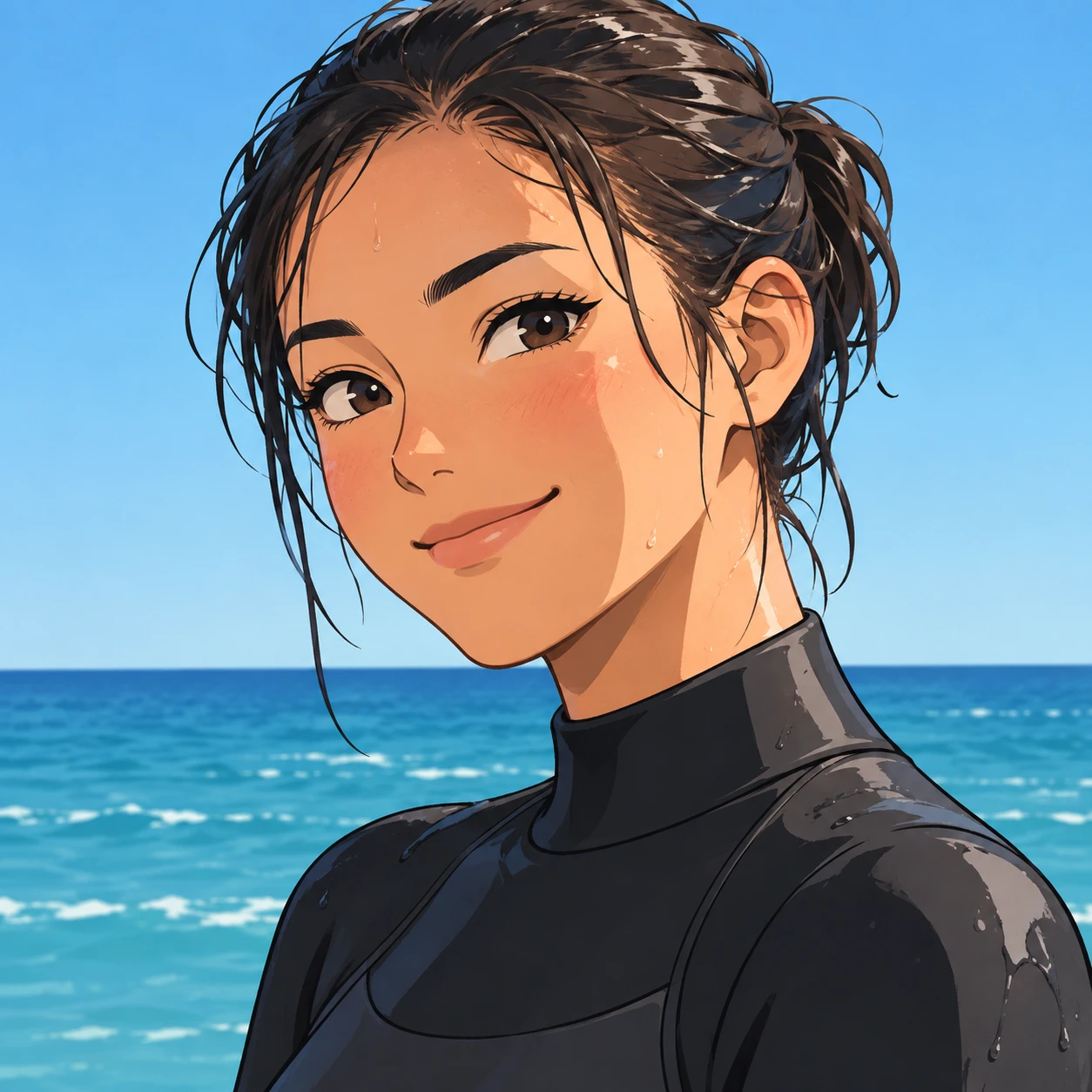 Anime-style profile picture of a woman dressed for surfing (bold graphic)
