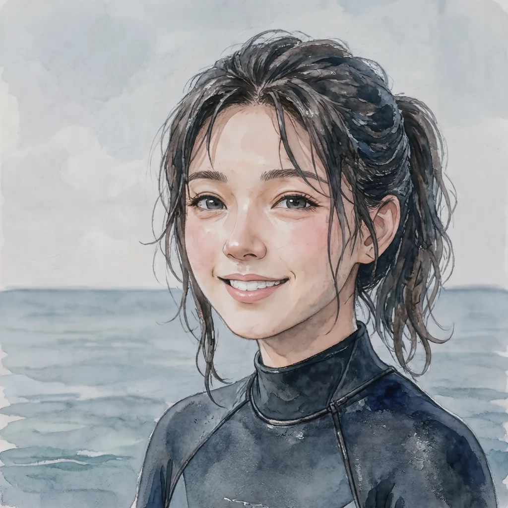 Anime-style profile picture of a woman dressed for surfing (watercolor)