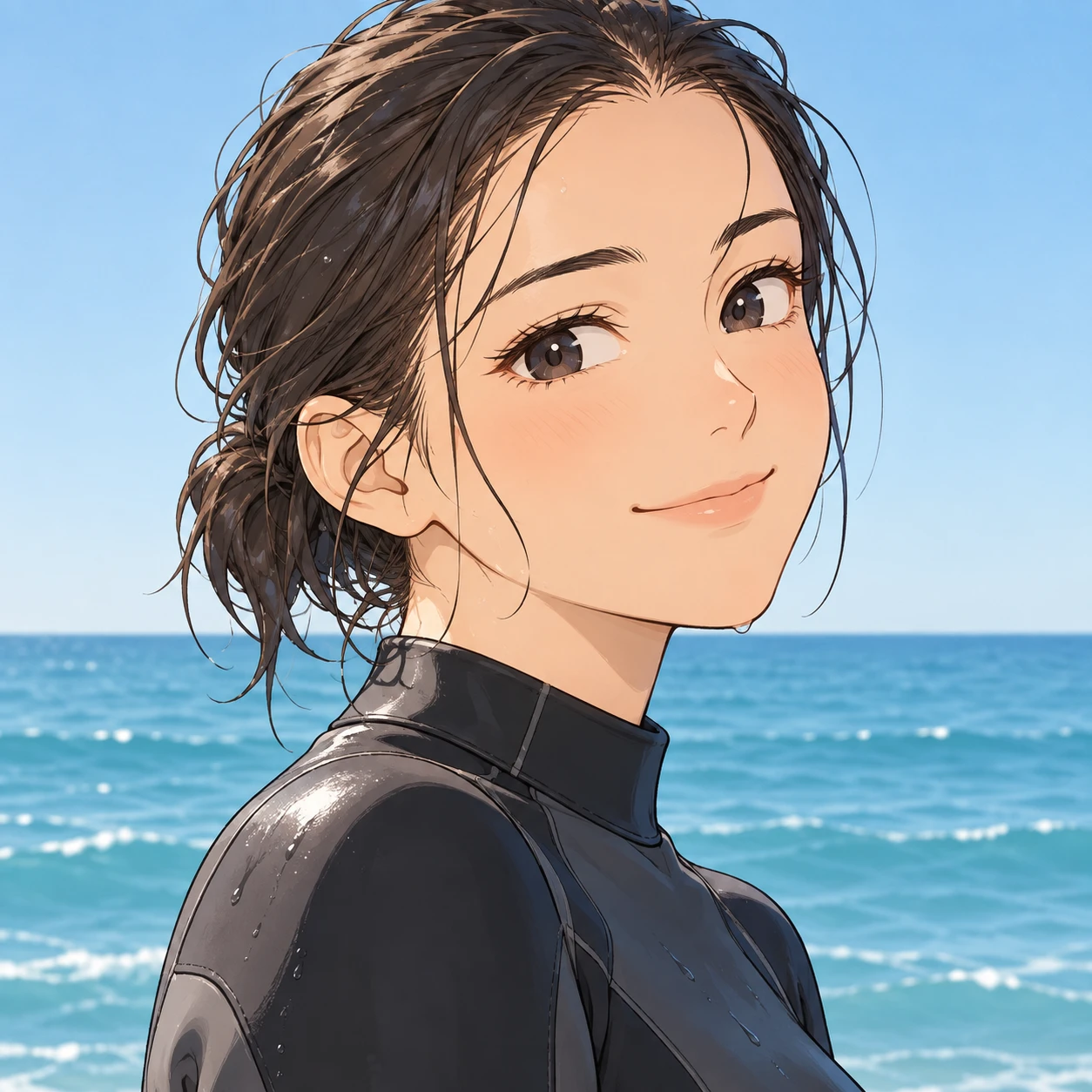 Anime-style profile picture of a woman dressed for surfing (simple line art)