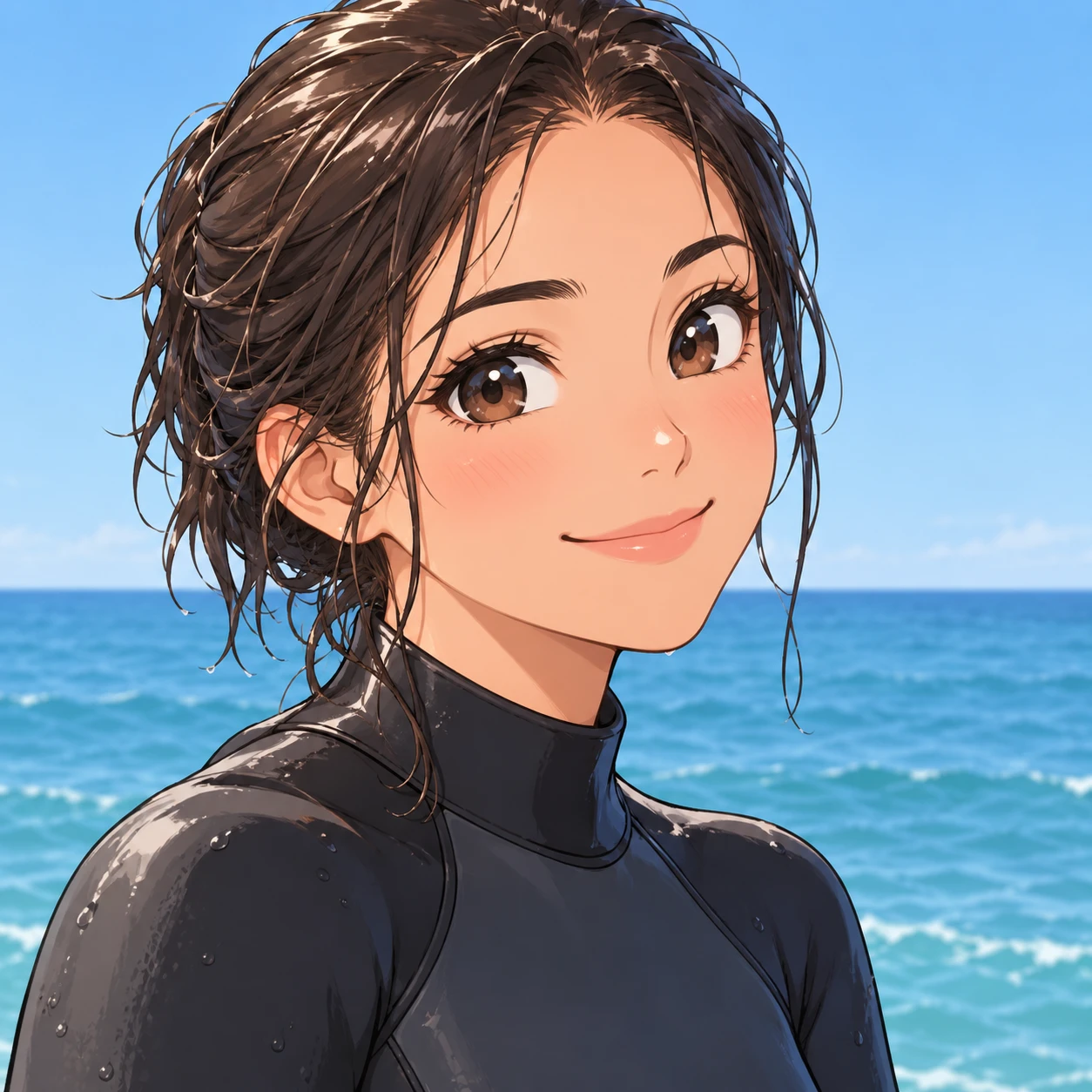 Anime-style profile picture of a woman dressed for surfing (chibi)