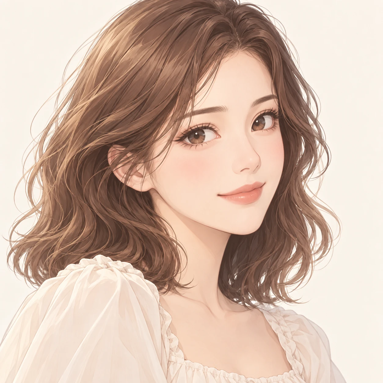 Anime-style profile picture of a woman at a three-quarter angle (soft pastel)