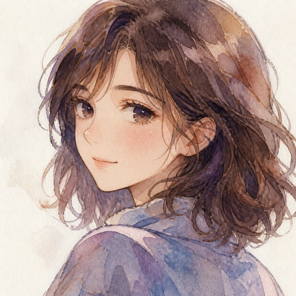 Anime-style profile picture of a woman at a three-quarter angle (watercolor)