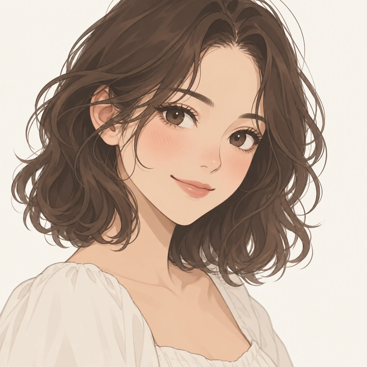 비스듬히 향한 여성의 애니메이션풍 프로필 아이콘 (편안한 카툰)