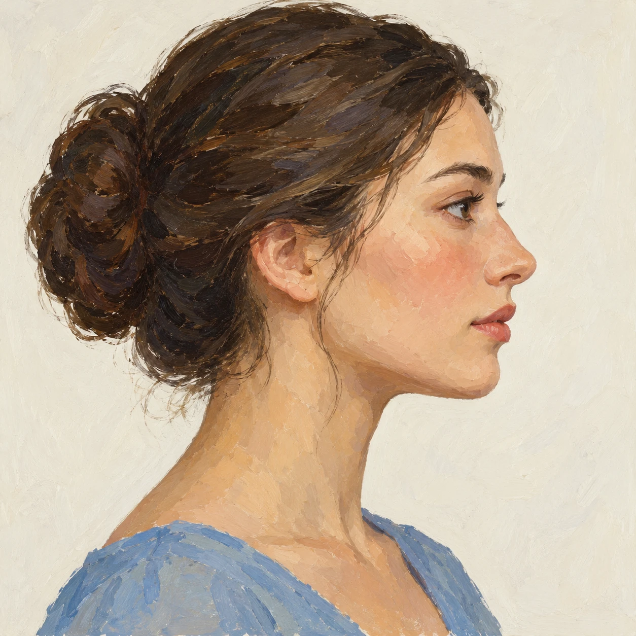 Profile picture of a woman with her hair in a bun, seen from the side (gouache)