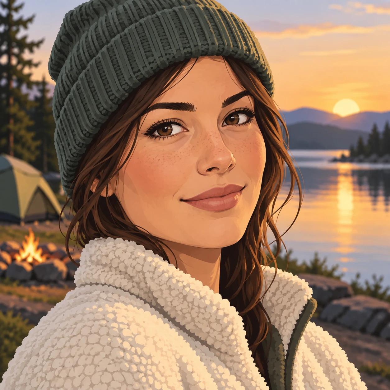 Profile picture of a woman dressed for camping (bold graphic)