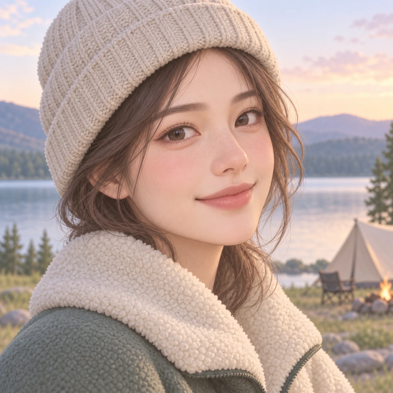 キャンプ姿の女性のプロフィール用画像（ソフトパステル）