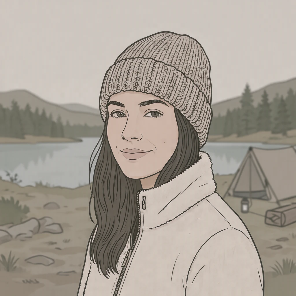 Profile picture of a woman dressed for camping (simple line art)